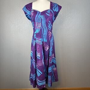 Caribelle Batik Womens Flare Midi Sun Dress M Medium Purple Blue Cotton St Lucia
